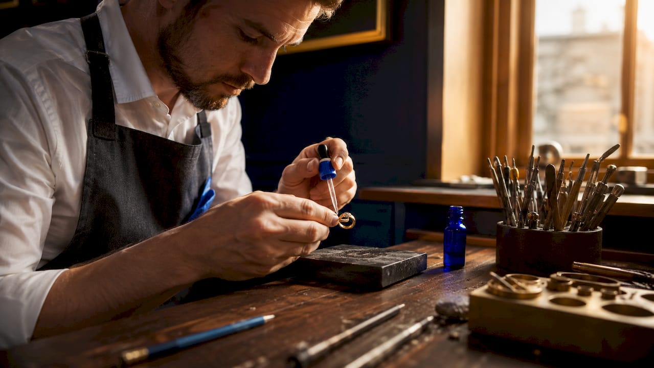 Close-up of gold purity testing tools and hands