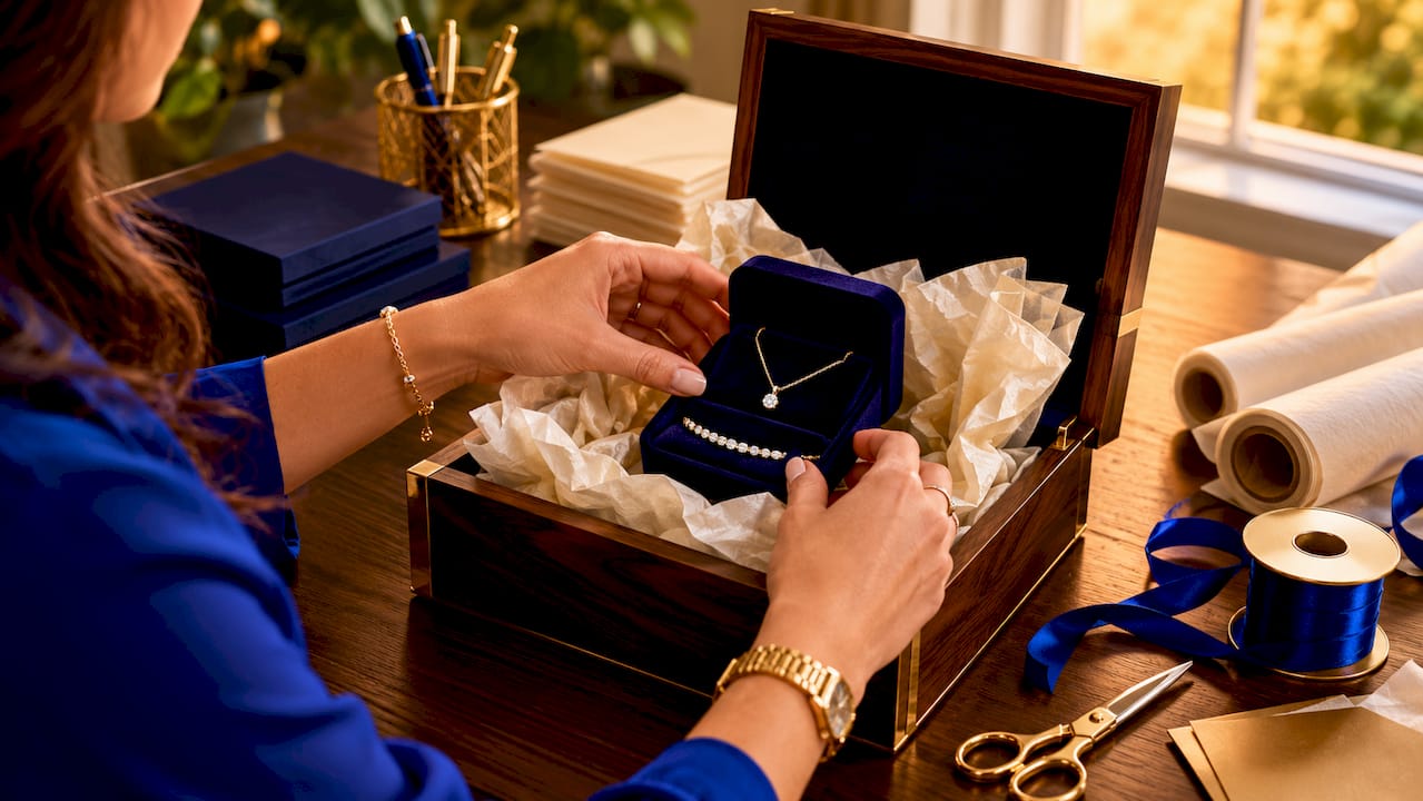 Hands packing jewellery in protective box