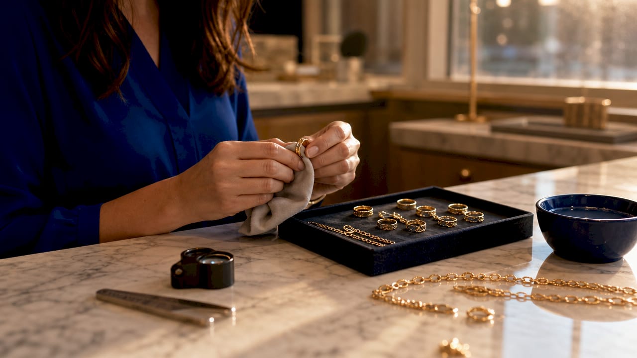 Hands cleaning and weighing gold jewelry