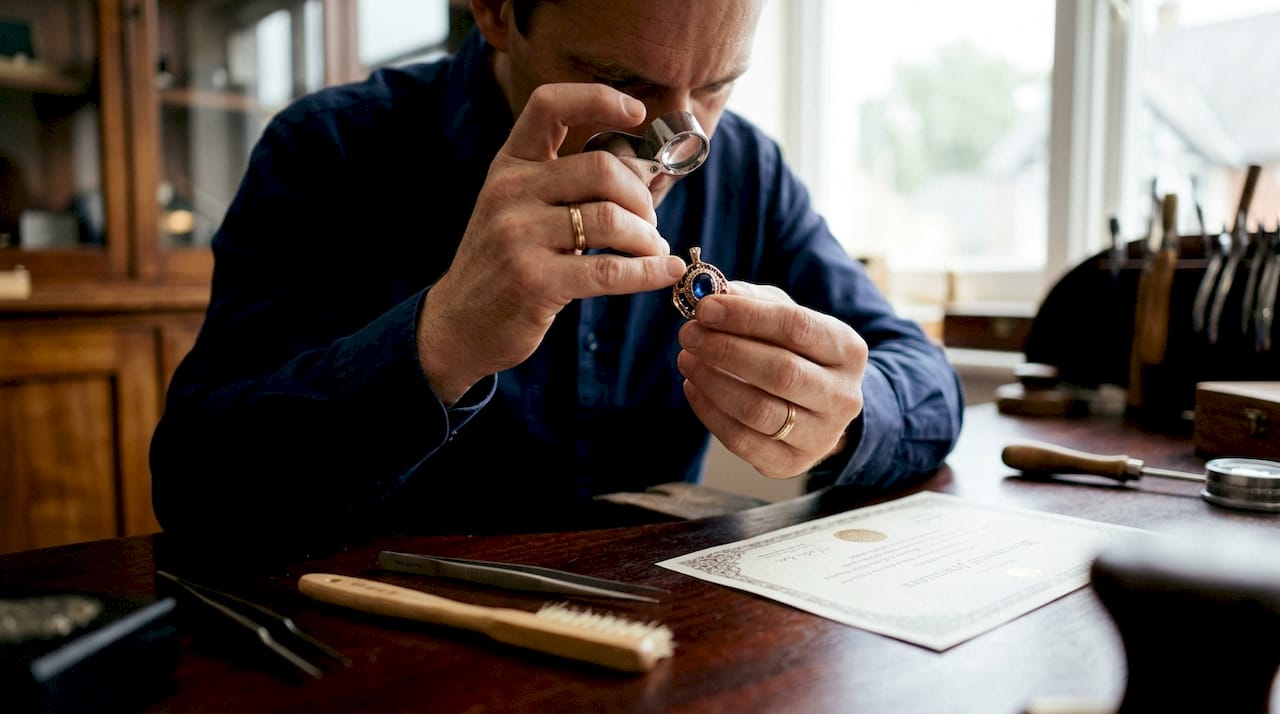 Jeweller appraising sapphire ring close-up