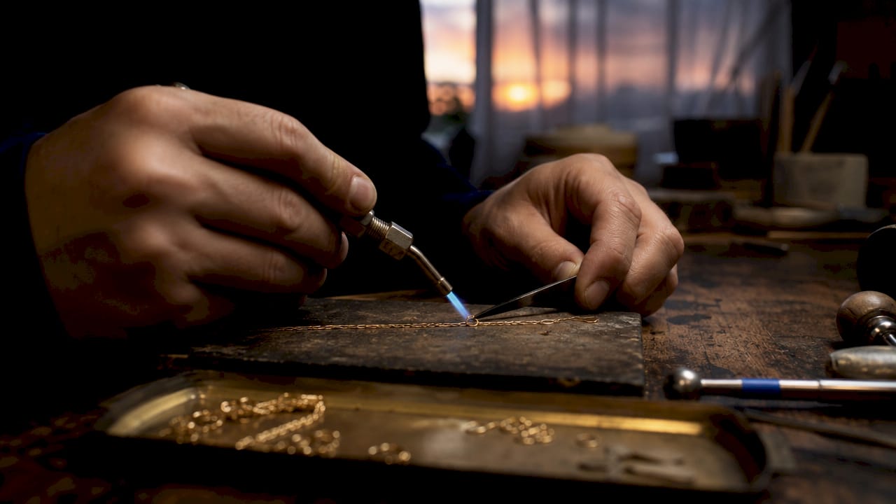 Close-up of hands soldering gold chain clasp