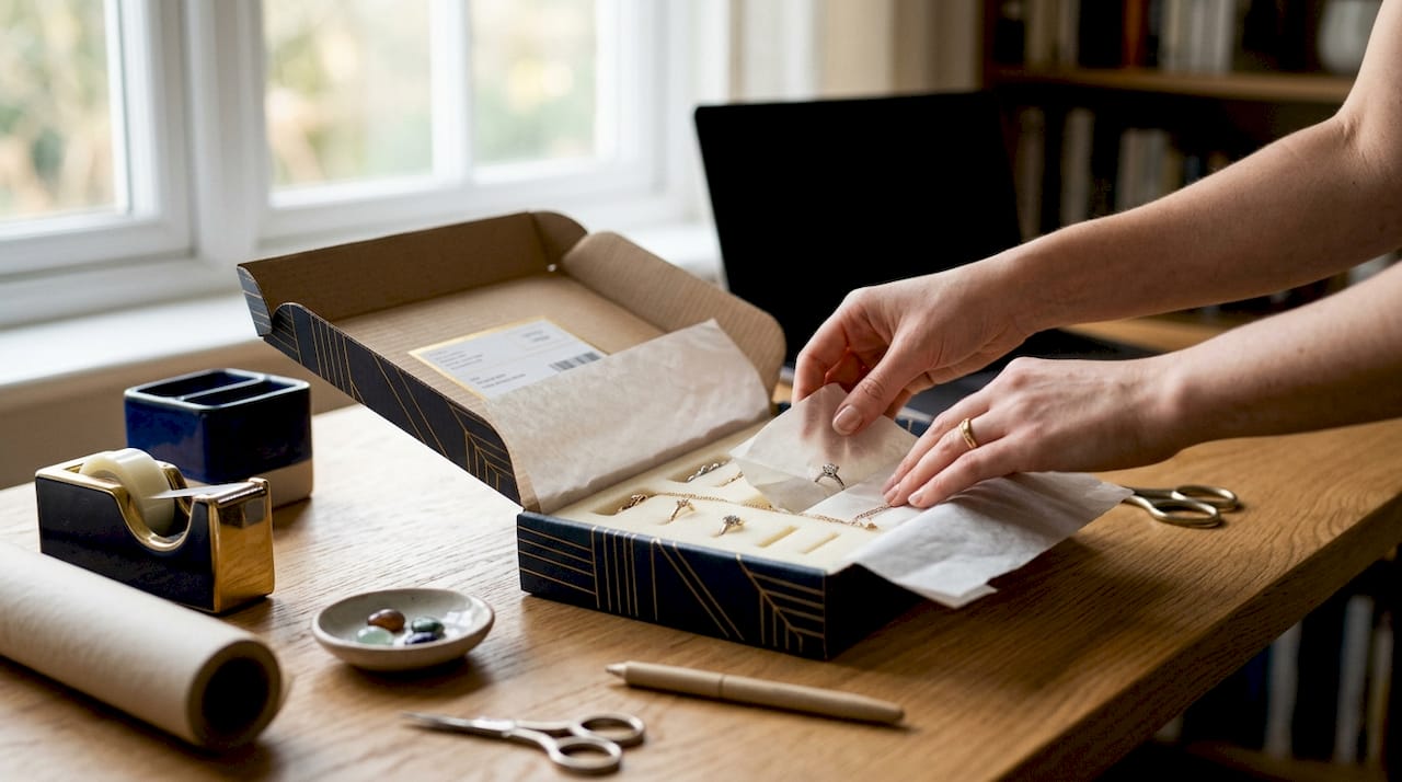 Hands packing jewellery securely in cushioned postal box