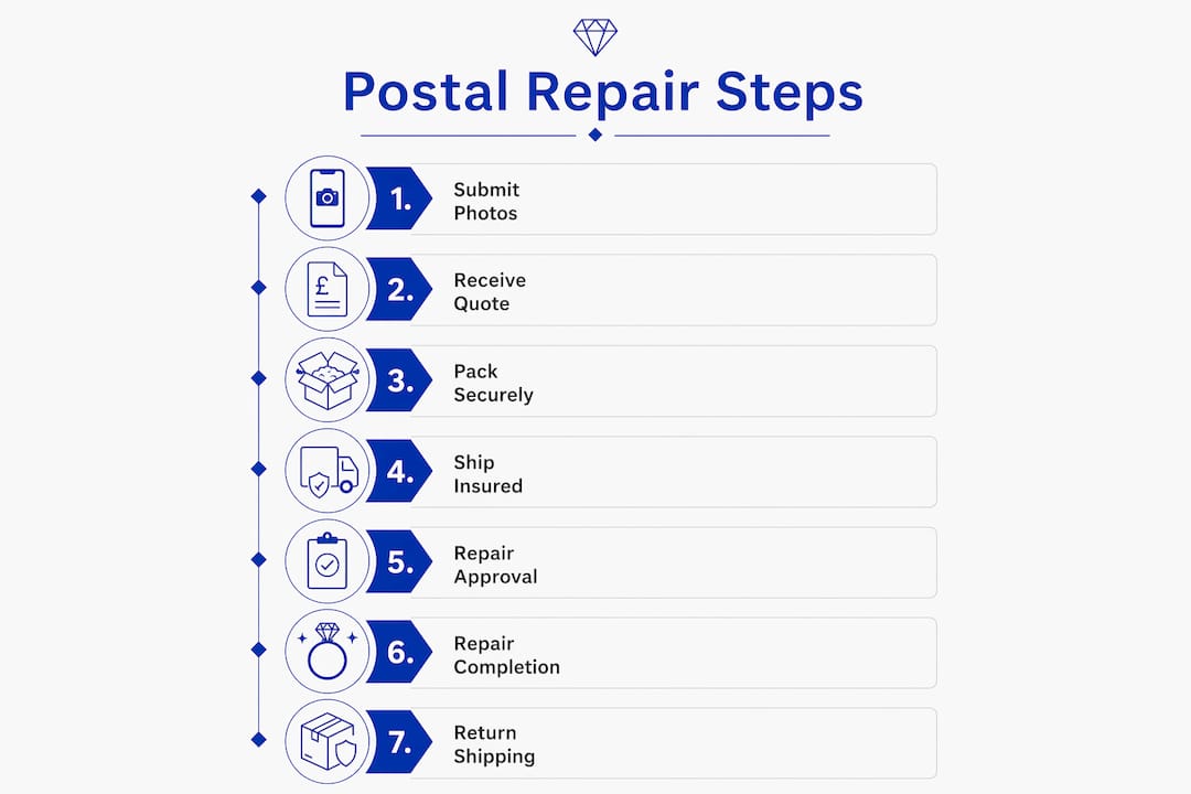 Infographic showing numbered steps of postal jewellery repair process