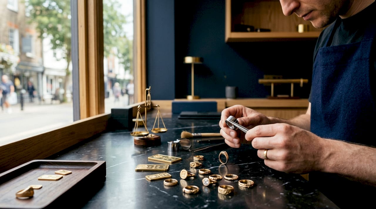 Hands examining gold purity stamps on jewellery