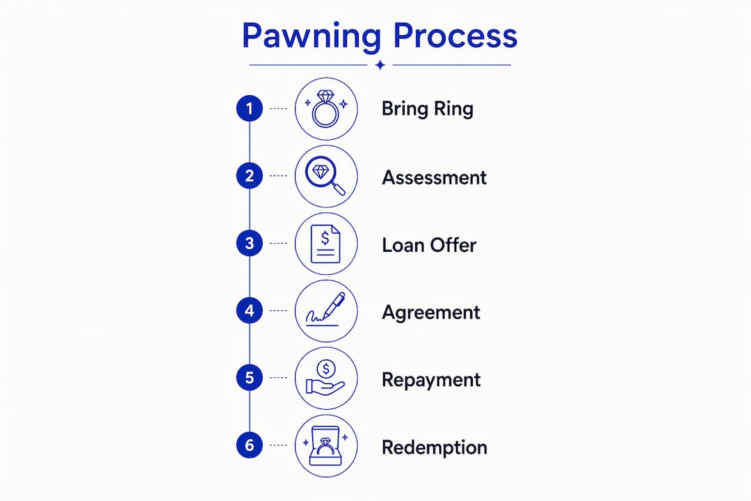 Infographic illustrating steps in pawning a gold ring