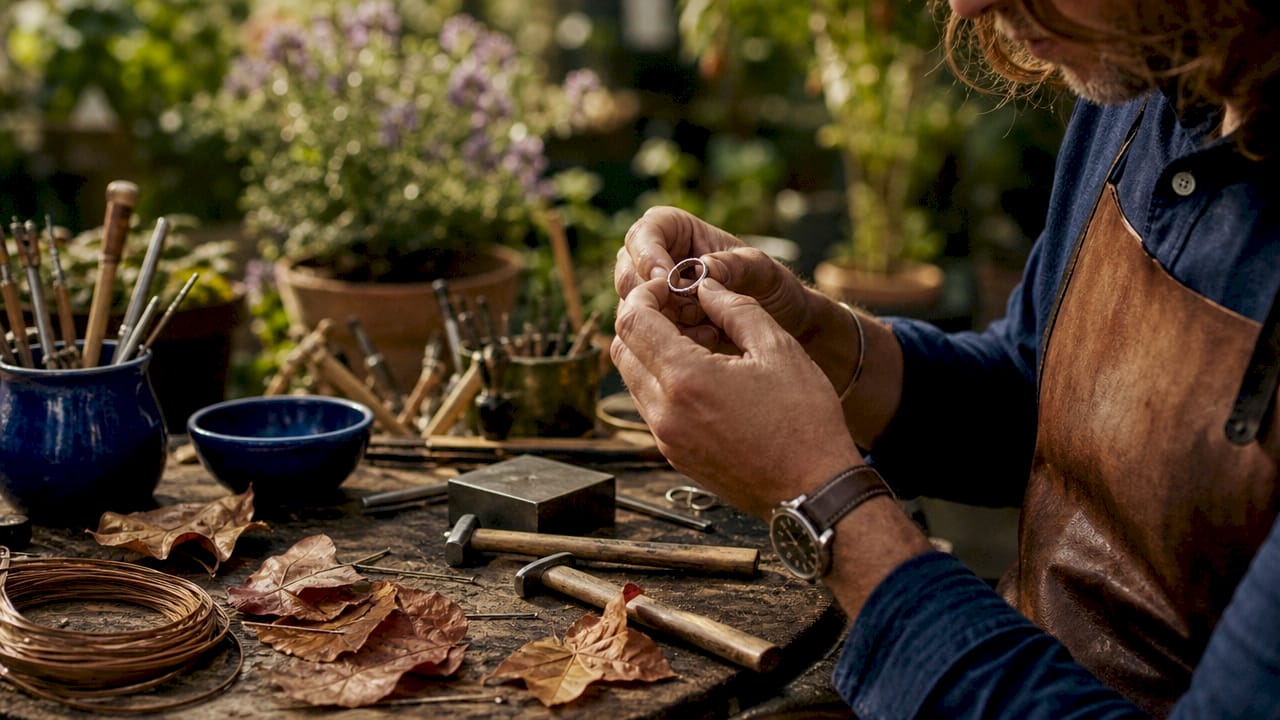 Jeweller handcrafting silver ring at bench