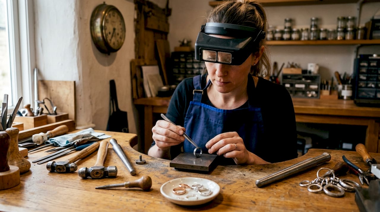 Jeweller examining rings of various metals