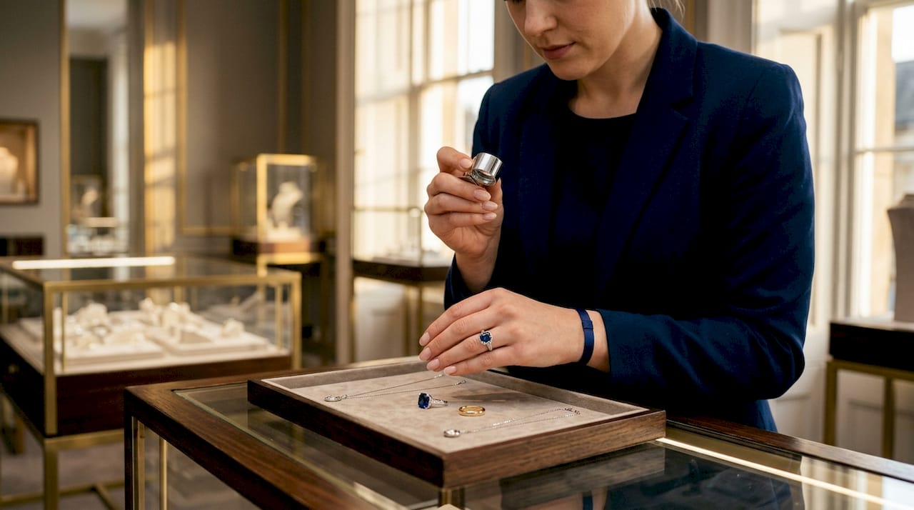 Overhead shot of bespoke jewellery pieces with hand and magnifier