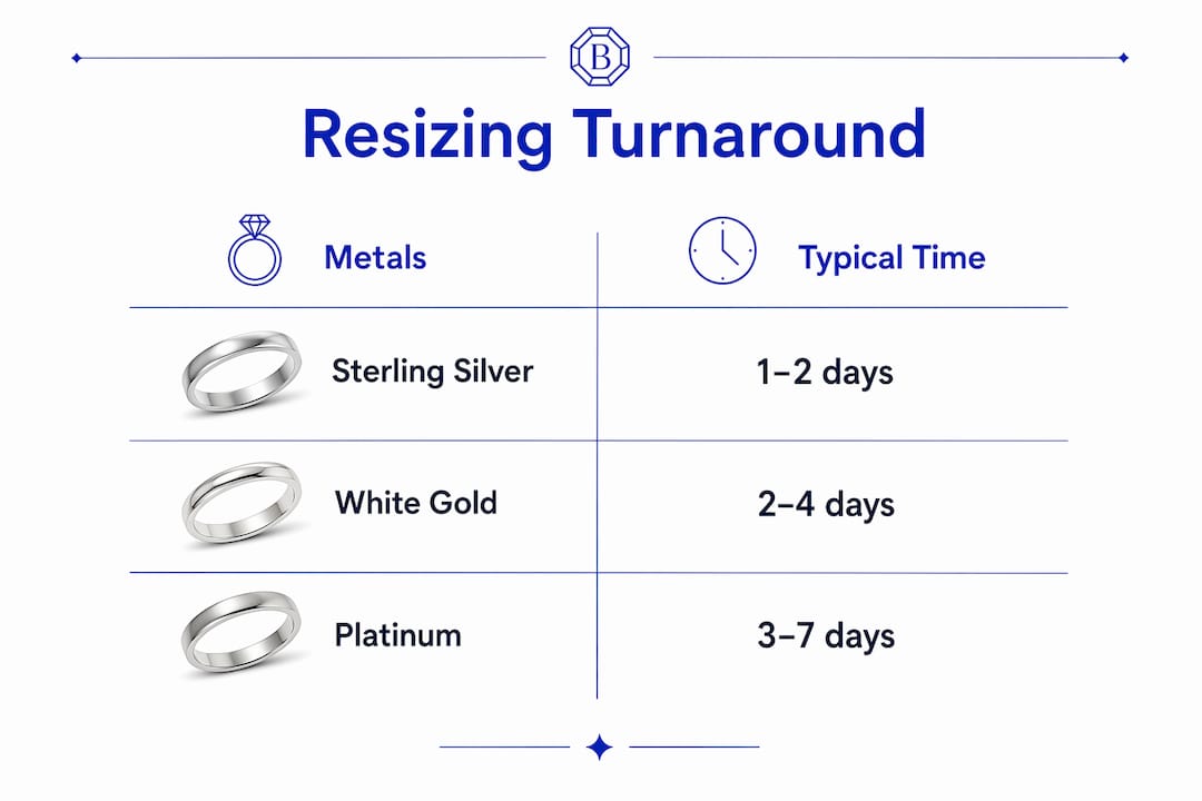 Infographic comparing resizing times by metal type