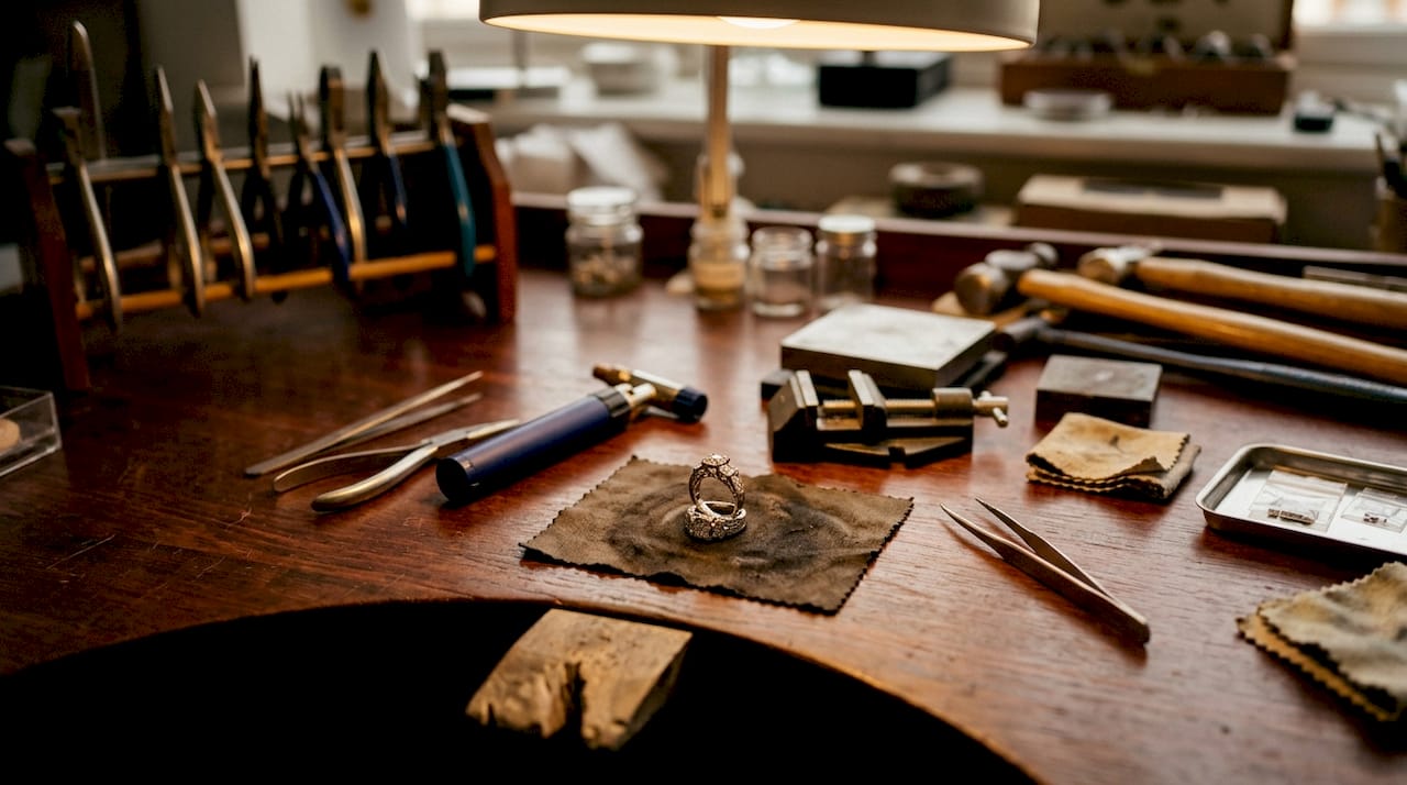 Close-up of intricate ring and jeweller tools
