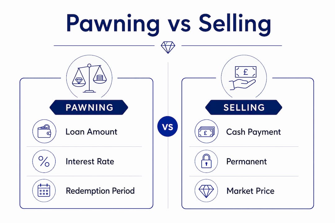 Infographic comparing pawning and selling gold jewellery