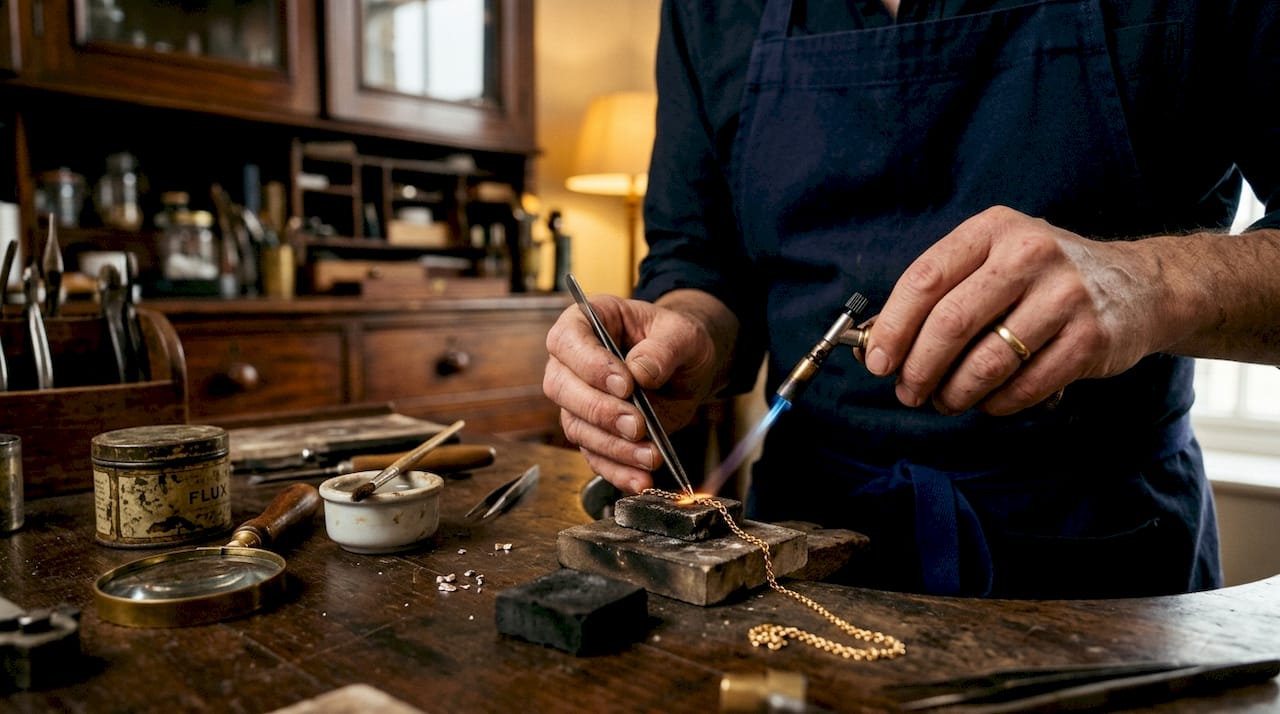 Close-up of jeweller soldering gold chain