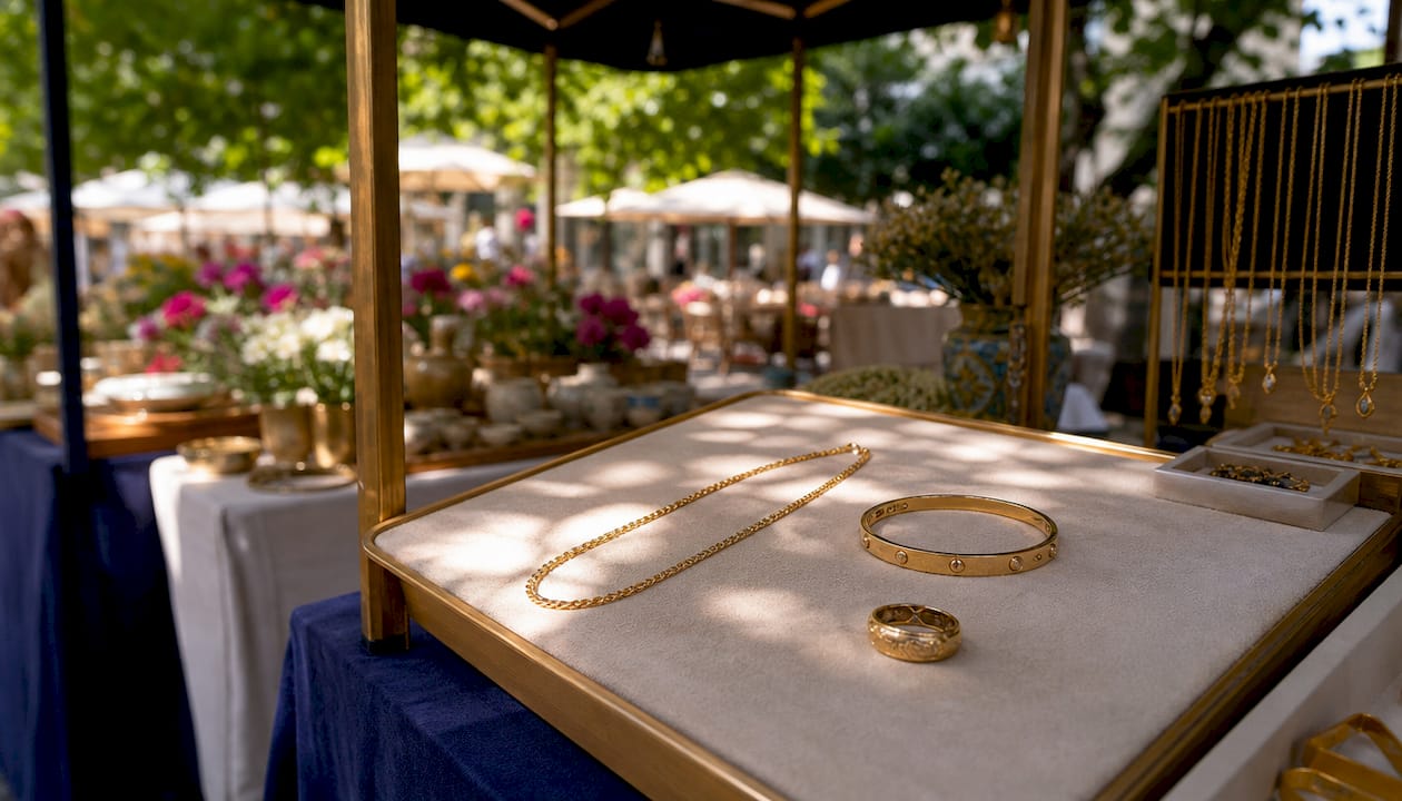 Varied gold jewellery types close-up retail display