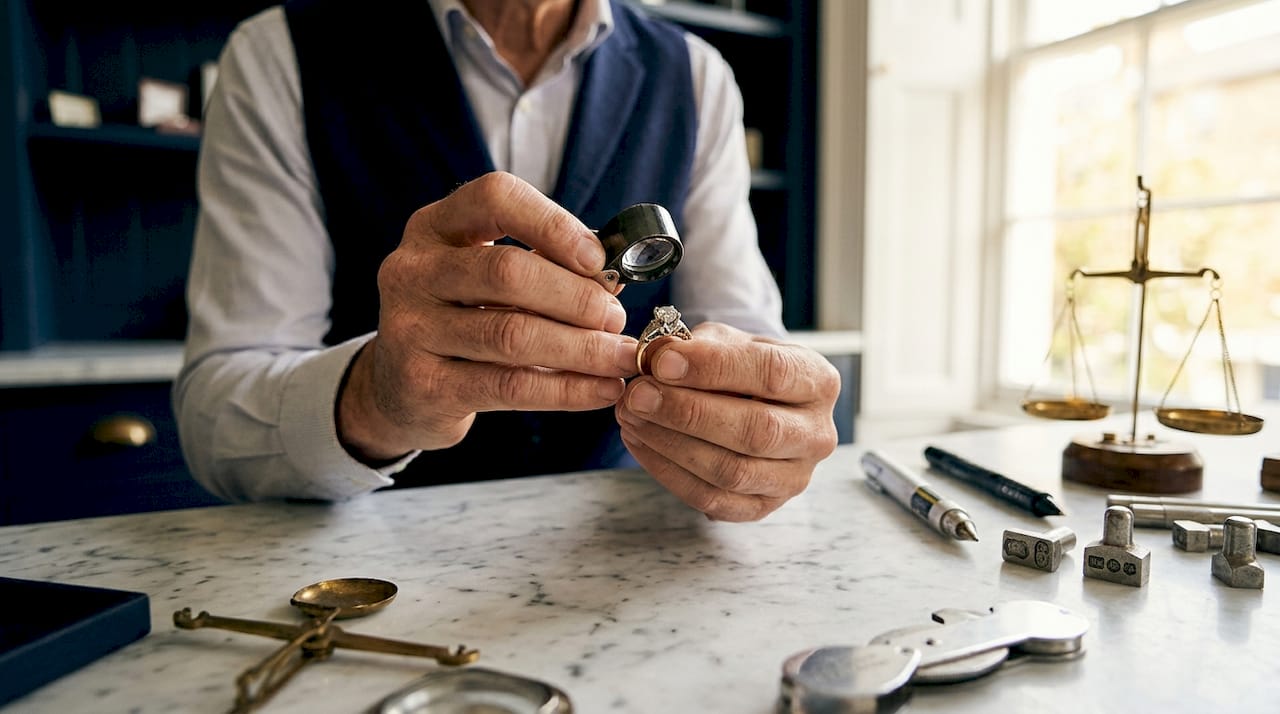 Hands examining diamond ring with loupe
