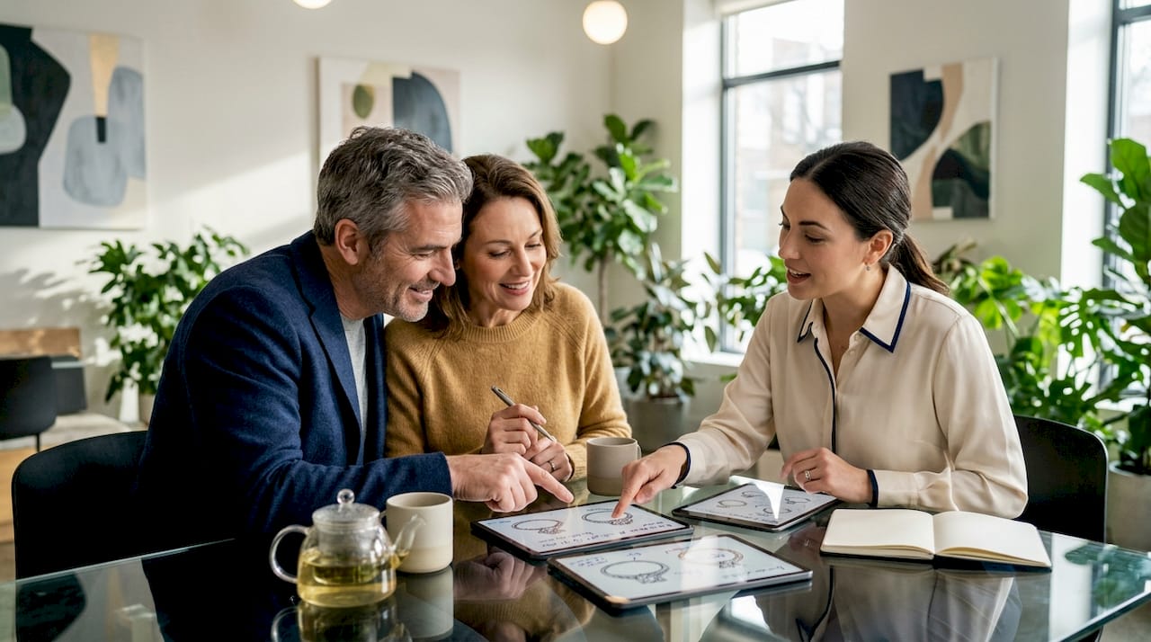 Couple consulting jeweller with ring moodboard