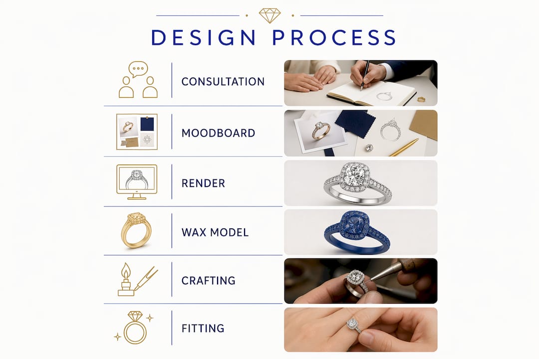 Infographic illustrating bespoke diamond ring design steps