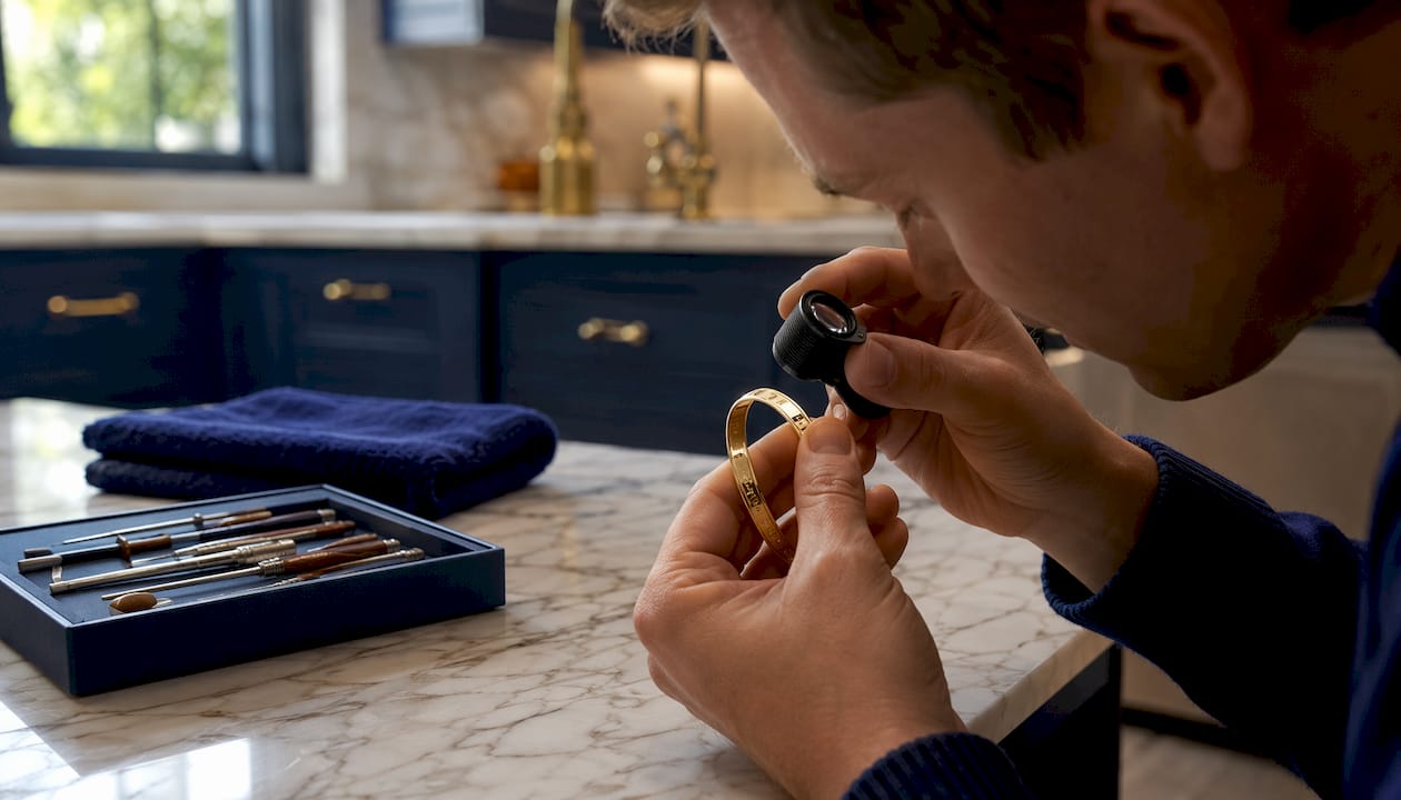 Hands examining hallmark on gold bracelet with magnifier