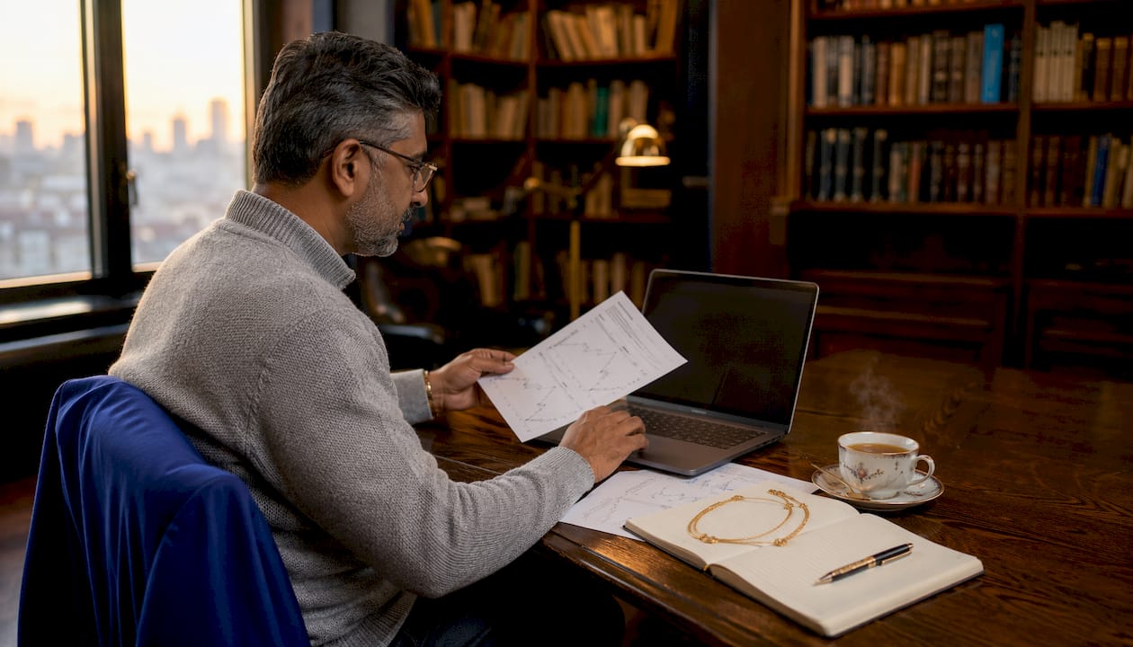 Hands calculating gold jewellery loan value at desk