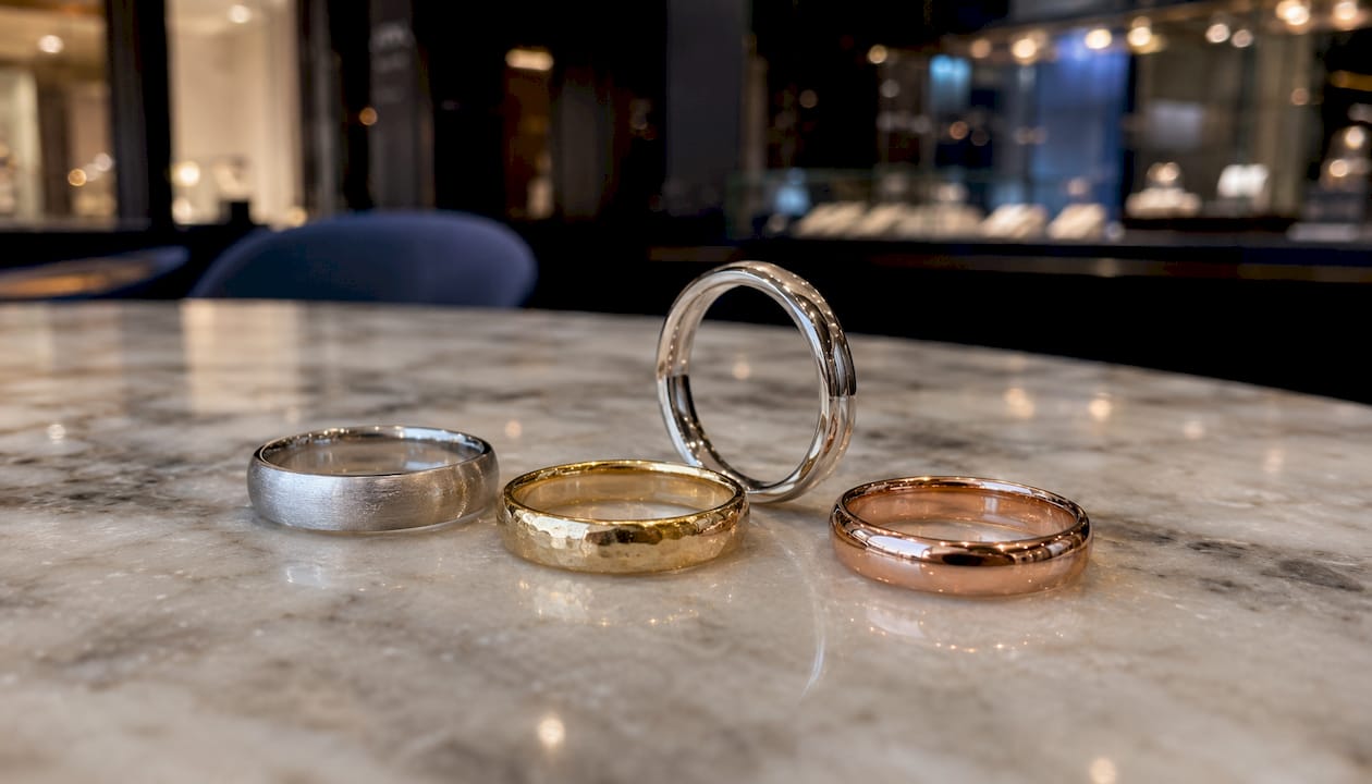 Various trending metal wedding rings close-up