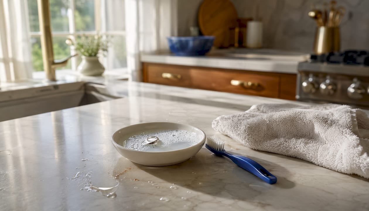 White gold ring soaking in soap with cleaning tools