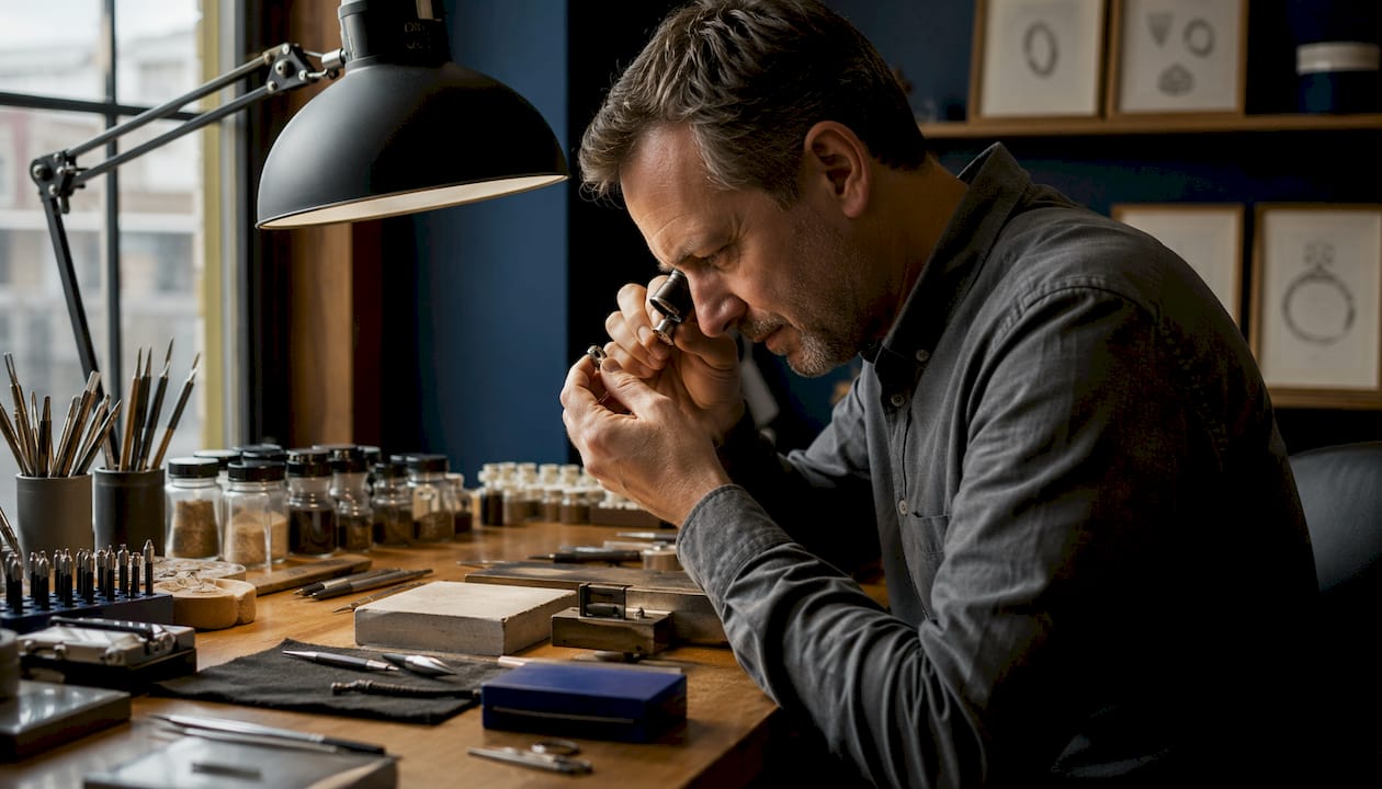 Jeweler inspecting white gold ring for plating