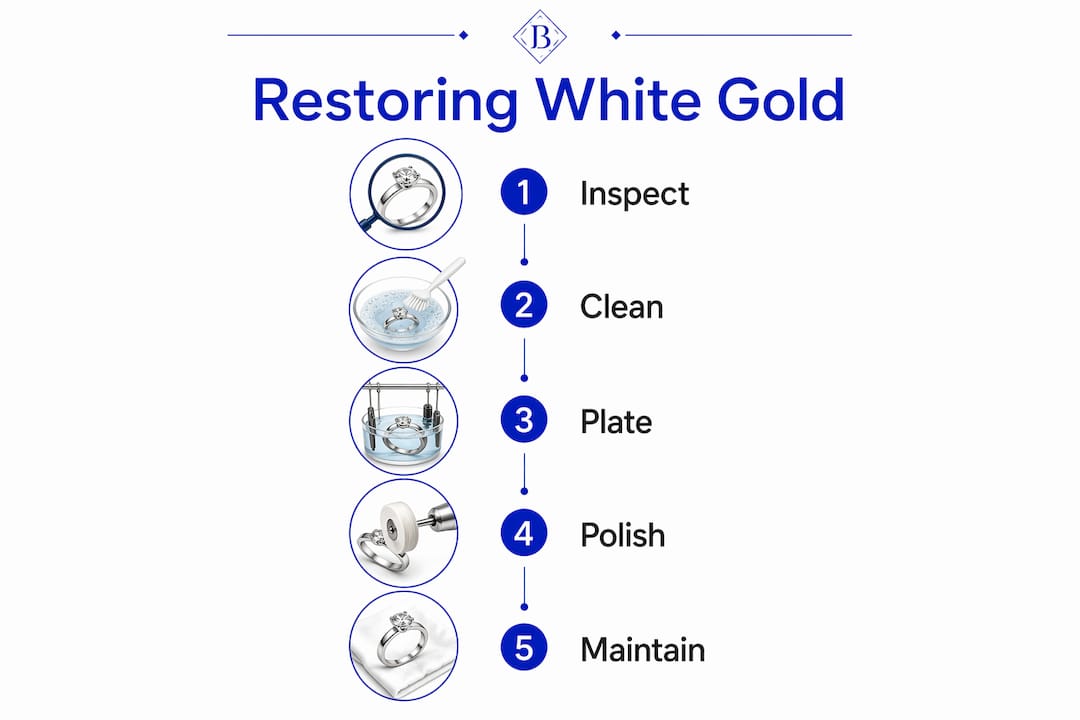 Infographic showing restoration steps for white gold ring