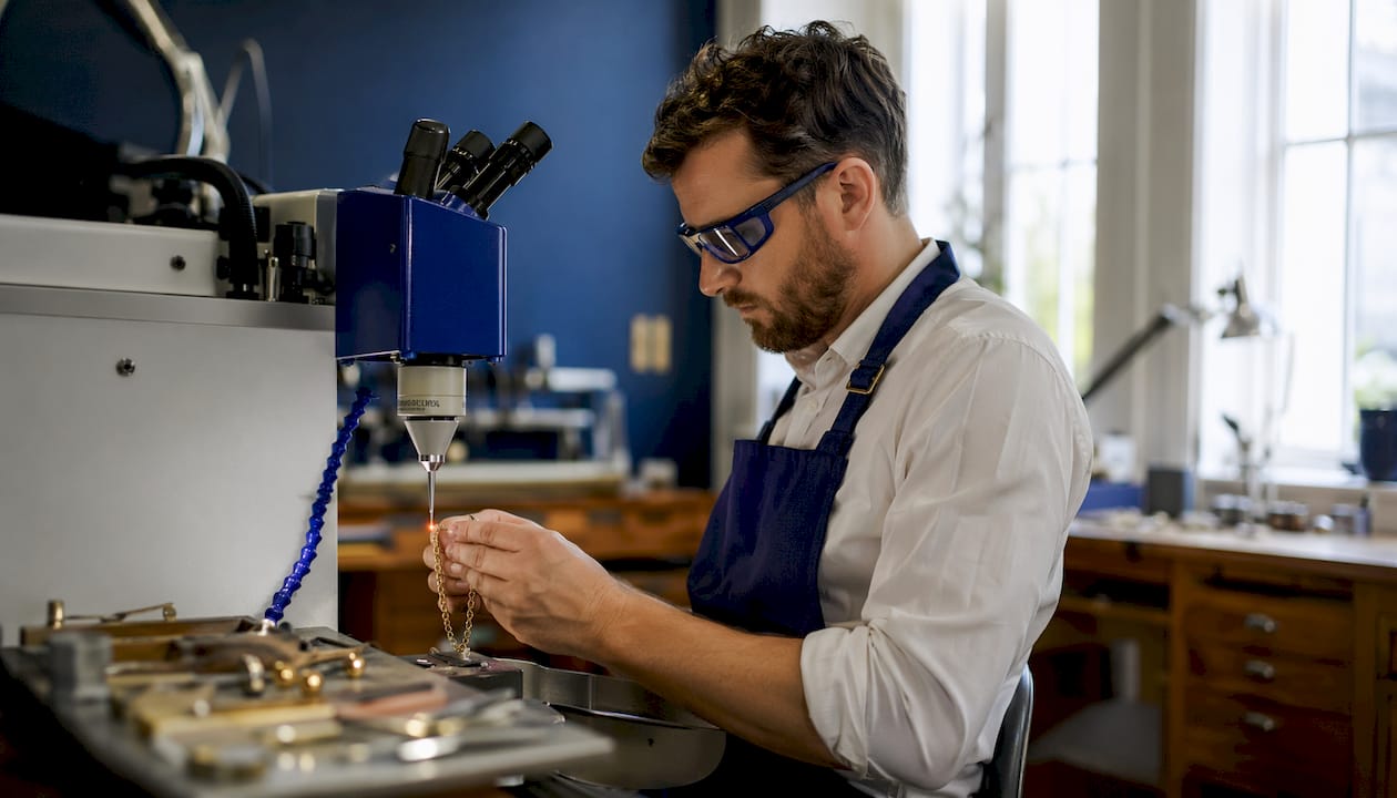 Jeweller using laser welding equipment