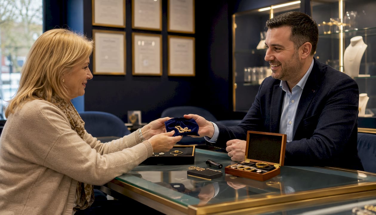 Customer negotiating gold sale at Gravesend shop