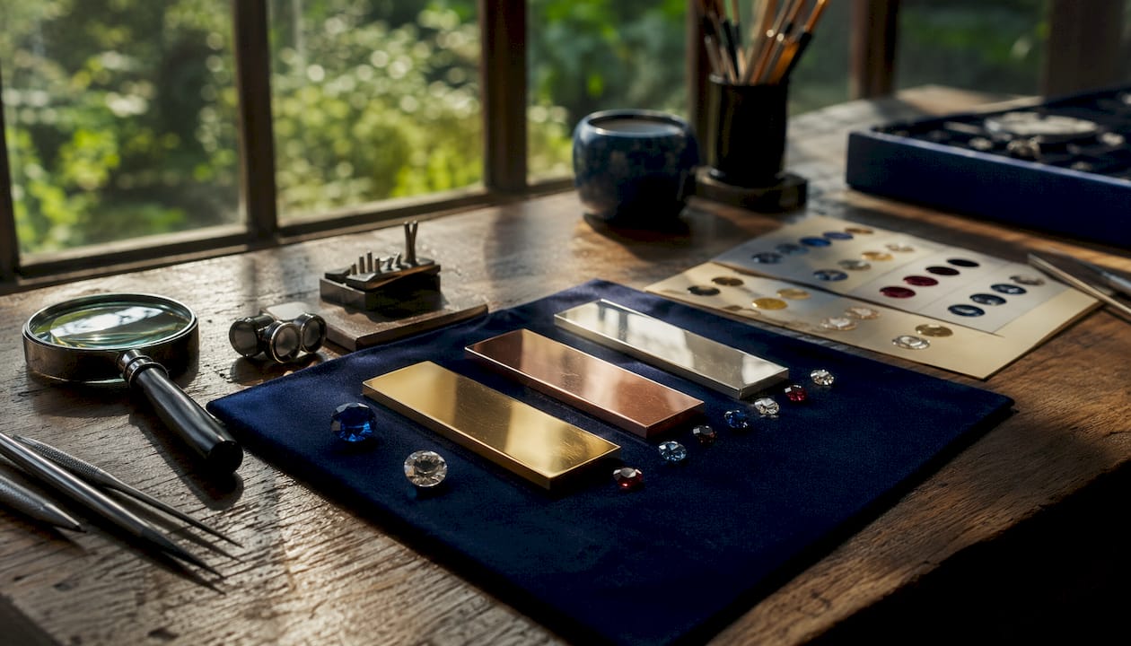 Gold samples and colorful gemstones close-up on velvet