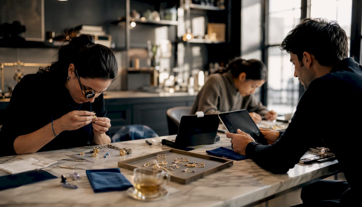 Jewellery team working collaboratively in in-house workshop