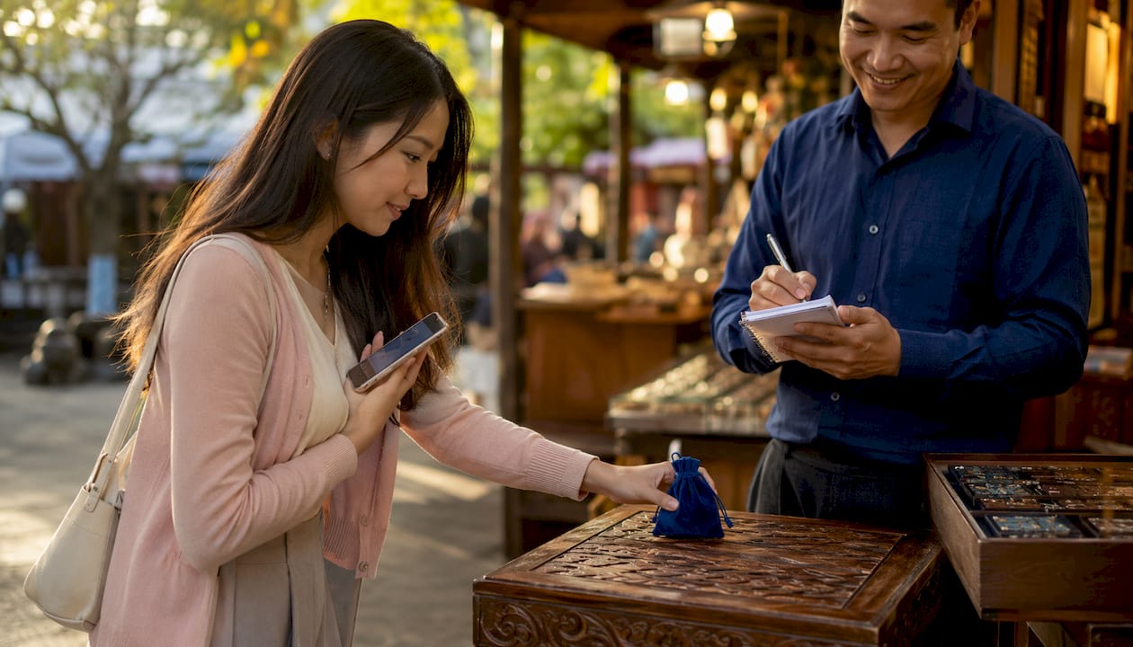 Woman dropping jewellery pouch at counter