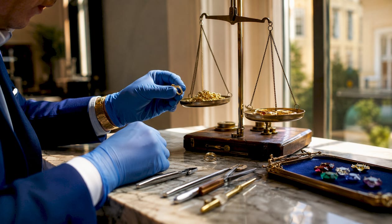 Jeweller's hands weighing broken gold jewellery