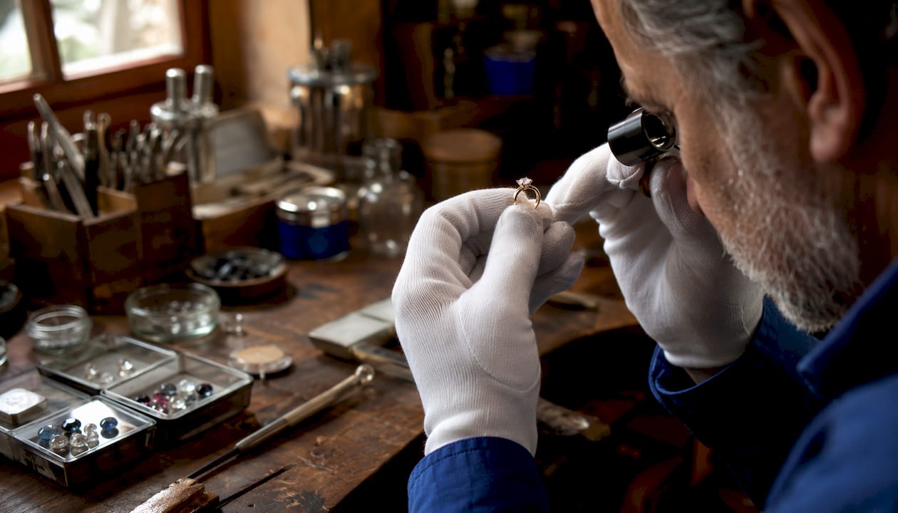Jeweller inspecting diamond ring with magnifier