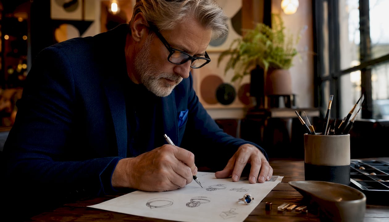Jeweller sketching modern ring designs at home studio