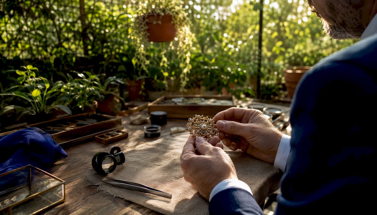 Hands assessing vintage gold brooch on mat