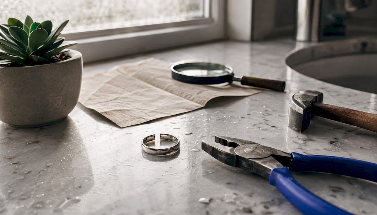 Bent ring with household repair tools on wood table