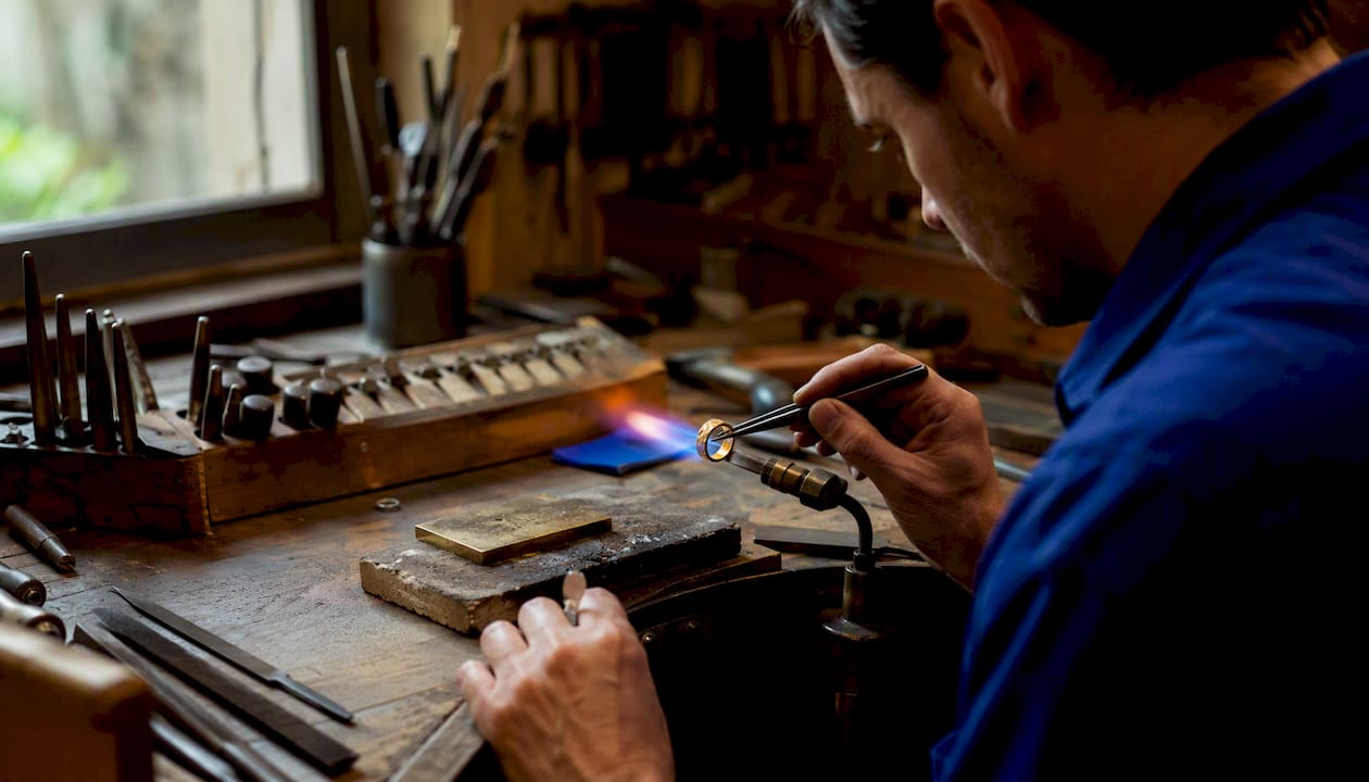 Jeweller annealing metal ring with torch