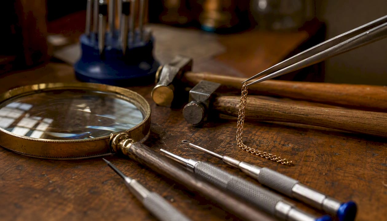 Close-up of jewellery repair tools on workbench