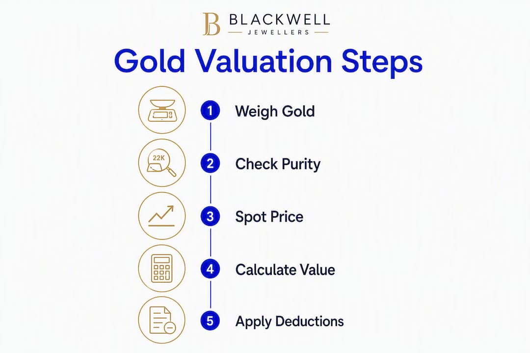 Infographic showing steps to calculate gold value