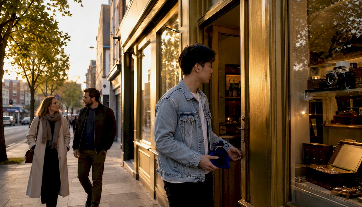 Customer entering a UK pawnbroker shop