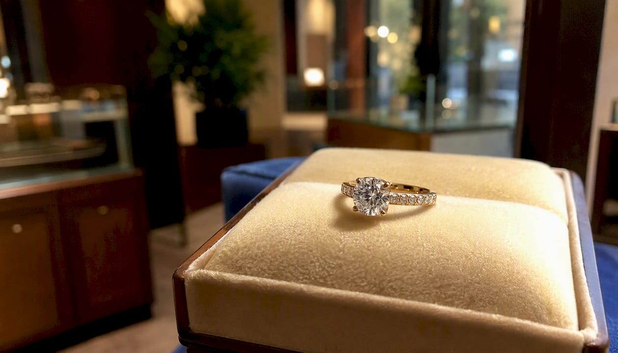 Finished bespoke engagement ring on velvet display