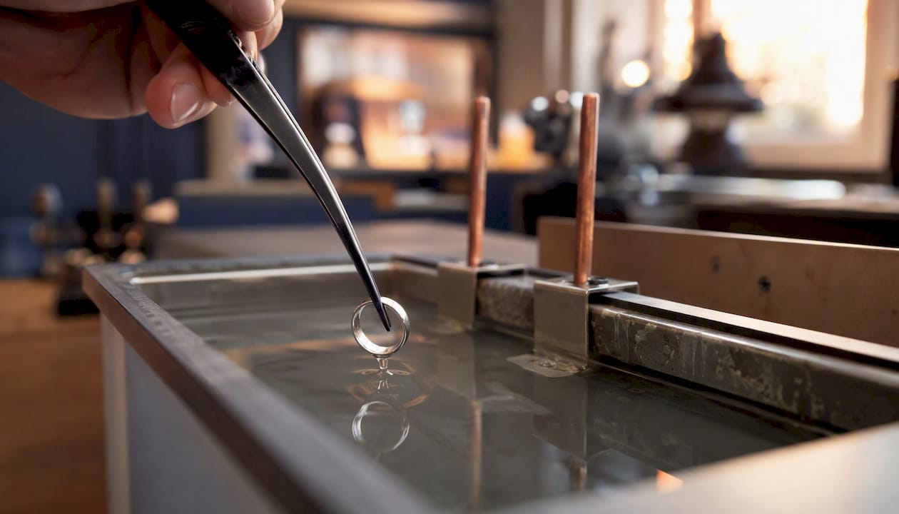 White gold ring in rhodium plating bath