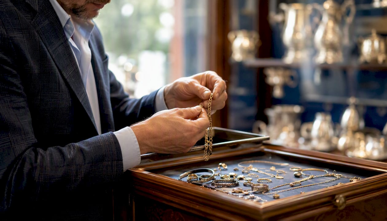 Jeweller weighing gold chain on scale