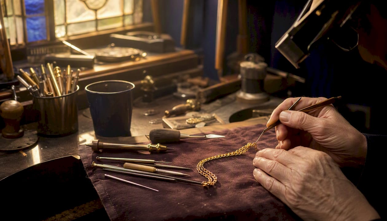 Jewellery repair tools and gold chain on bench