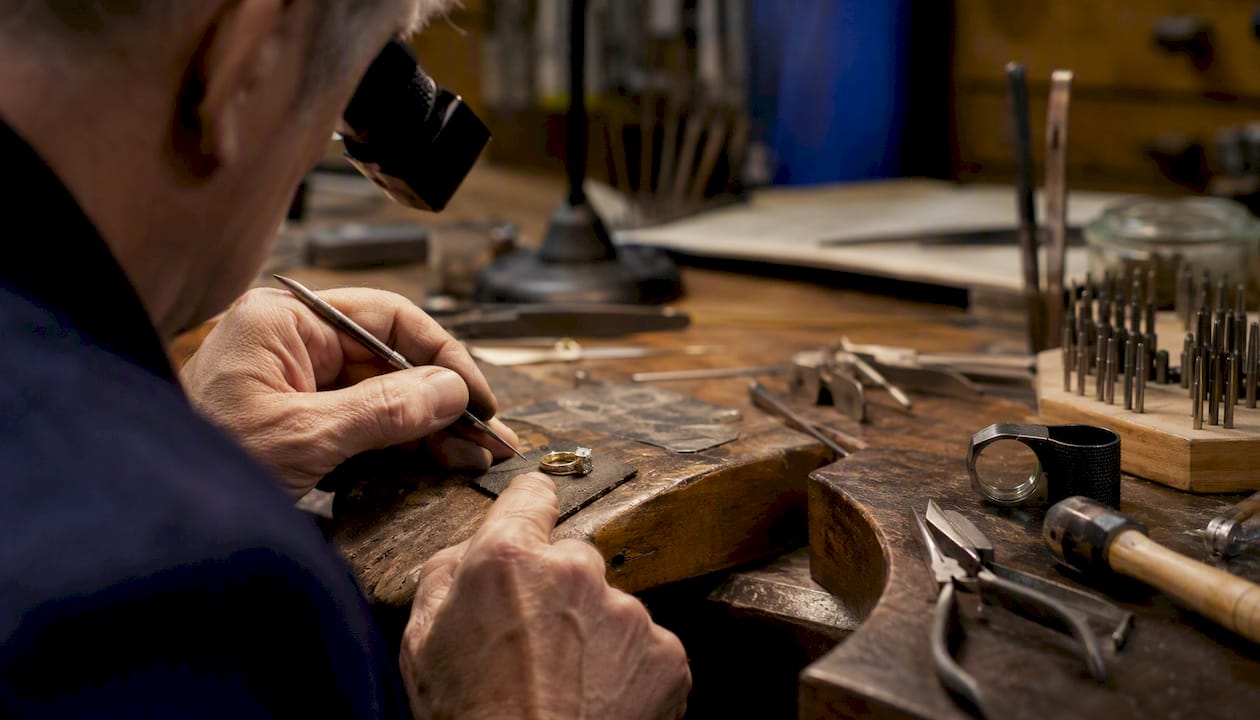 Jewellery repair bench with ring and tools