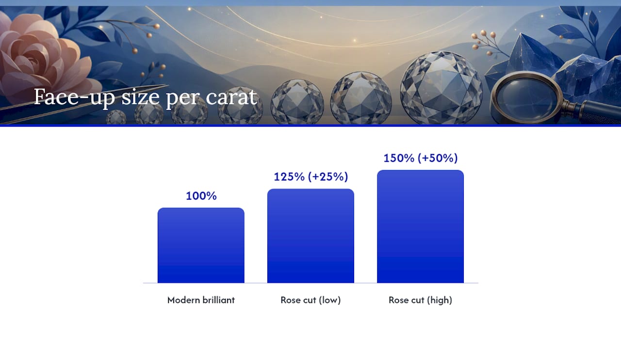 Comparison infographic of rose cut and brilliant cut diamonds