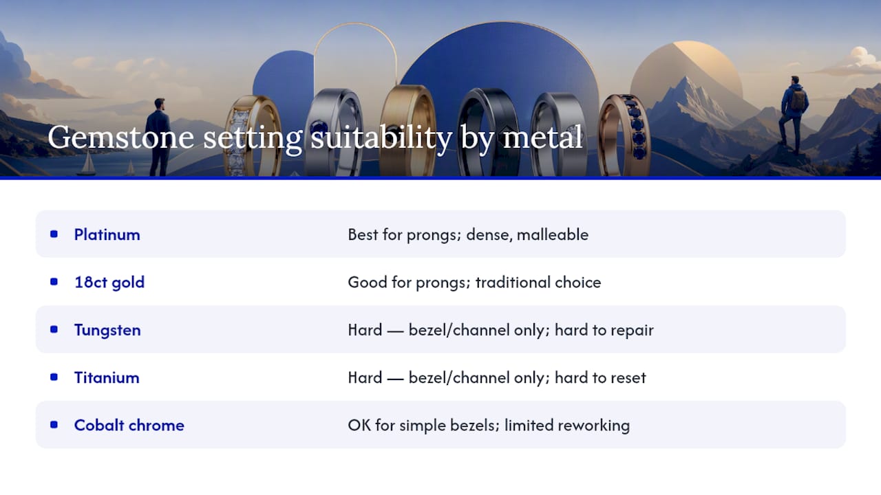 Comparison chart of metal suitability for gemstone settings