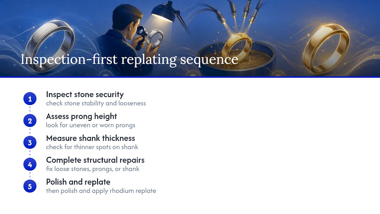 Inspection-first white gold replating sequence