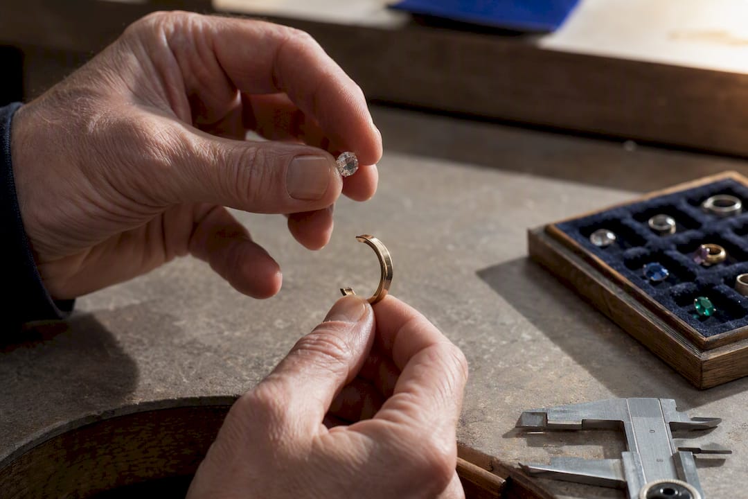 Restorer checking stone and worn jewellery materials