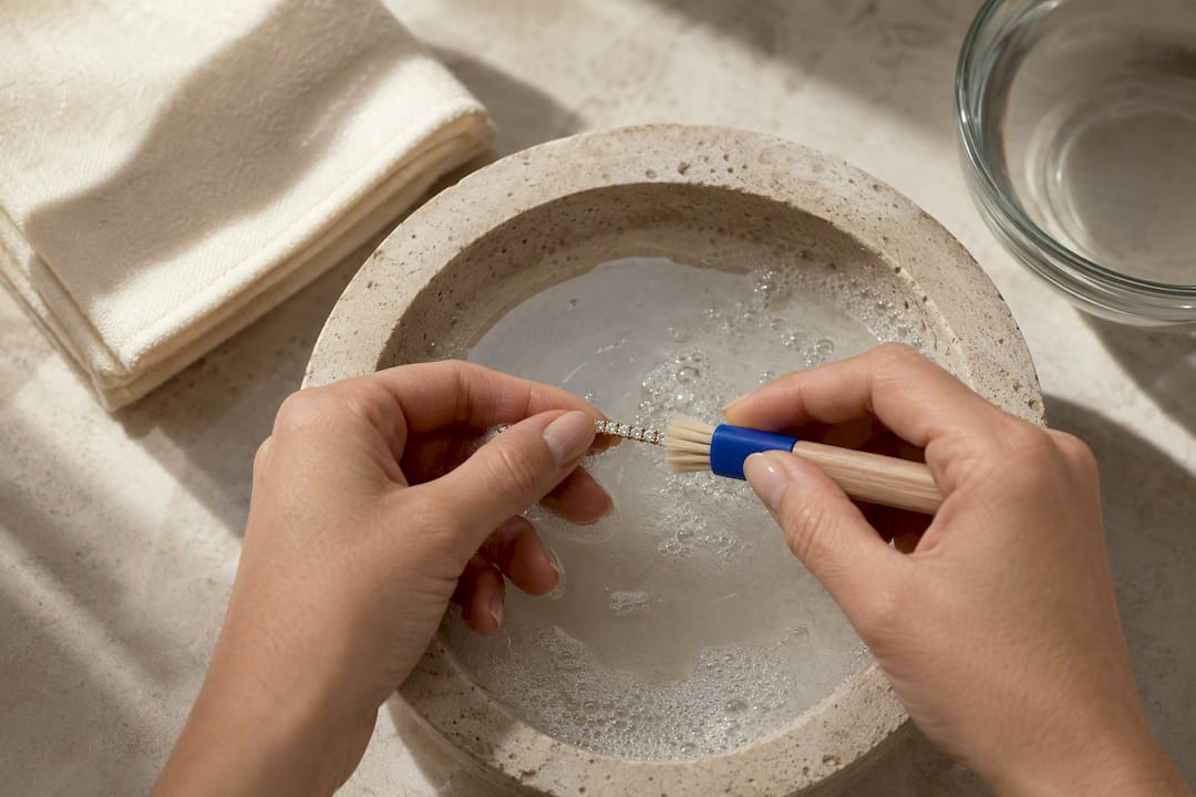 Hands gently cleaning necklace settings
